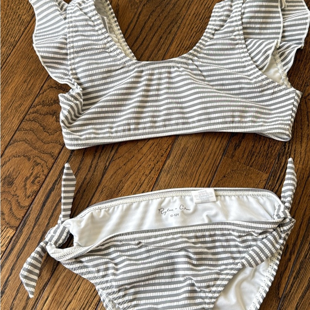 Rylee + Cru Girls Gray and White Striped Two-Piece Swim Set